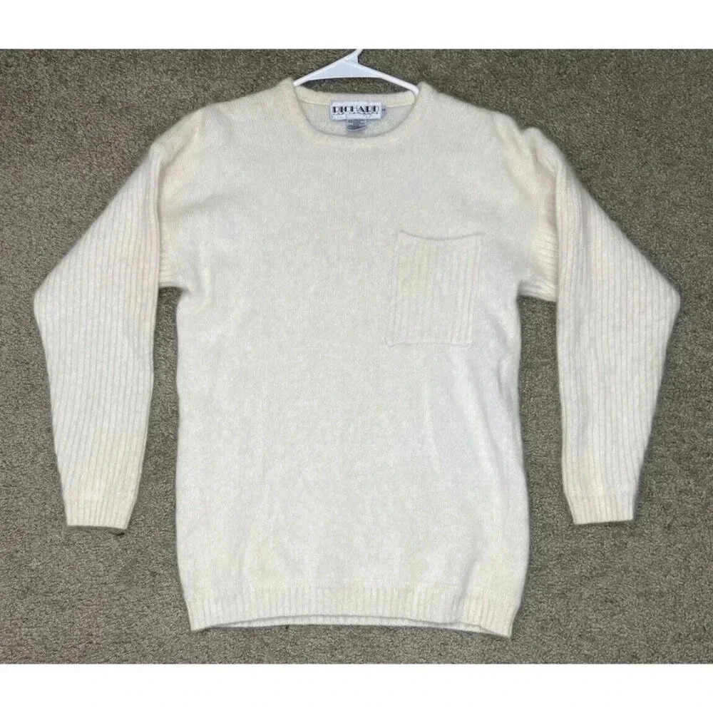RICHARD & CO VINTAGE Angora Lambswool Crew Neck Ivory Sweater Soft Comfy Sz XS